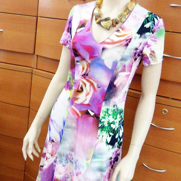 SHORT SLEEVE FLORAL DRESS FLARED SKIRT STRETCH - Picture 3 of 8